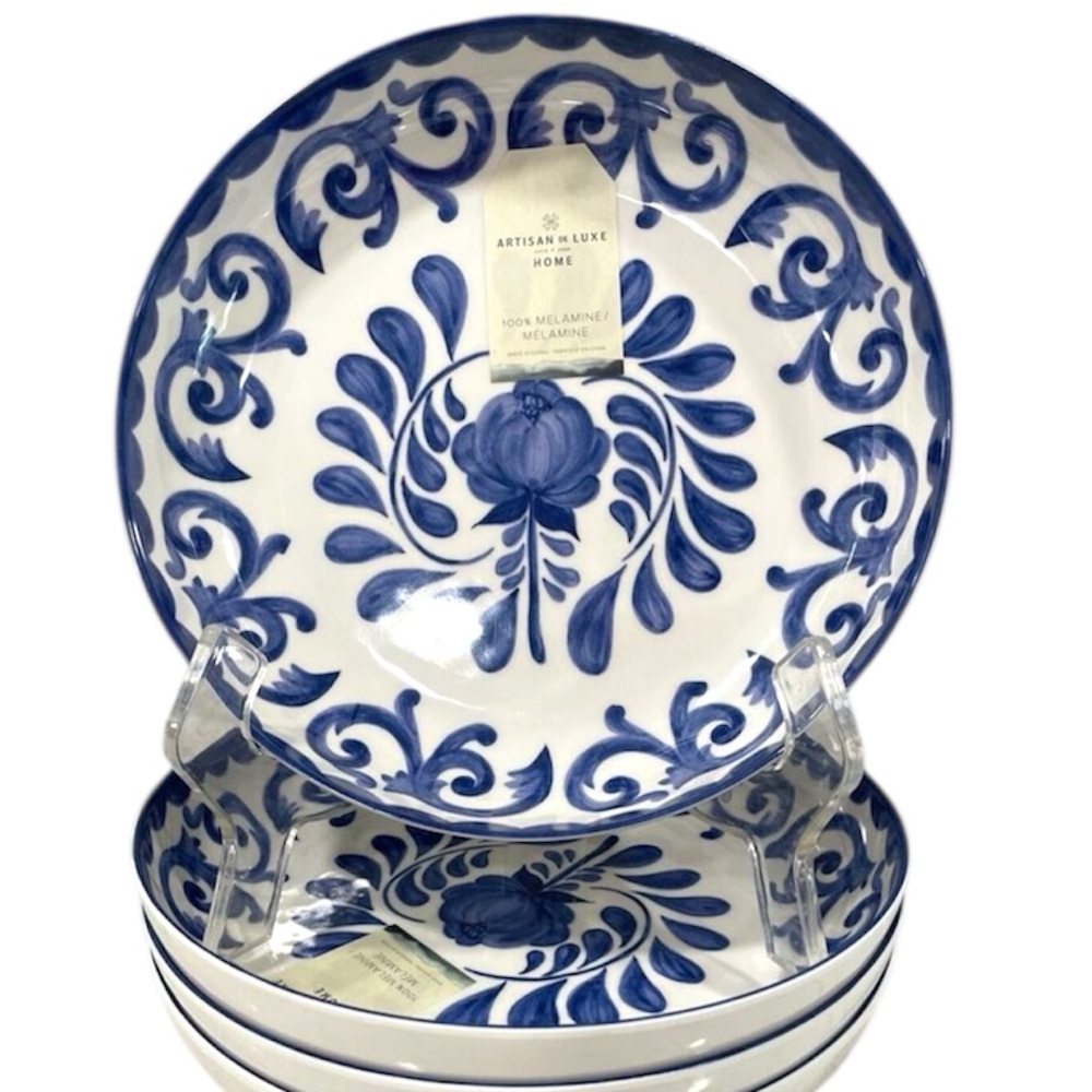 Set 4 BLUE ROSE SCROLL 8.5” Salad Pasta Dinner Bowls ARTISAN DE LUXE Melamine